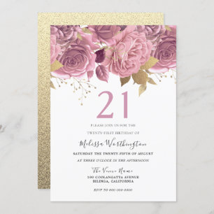 Invitation Fleurs d'or rose pâle Filles 21e fête d'anniversai