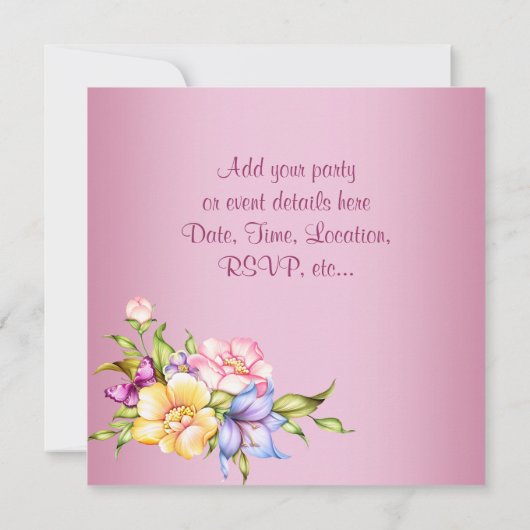 Invitation Fleurs d'or rose papillon Fêtes d'anniversaire (Dos)