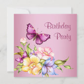 Invitation Fleurs d'or rose papillon Fêtes d'anniversaire (Devant)