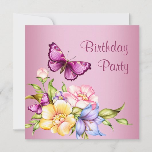 Invitation Fleurs d'or rose papillon Fêtes d'anniversaire (Devant)