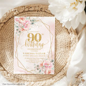 Invitation Fleurs d'or rose pastel classique 90e anniversaire