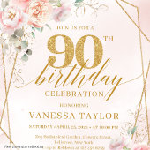 Invitation Fleurs d'or rose pastel classique 90e anniversaire