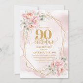 Invitation Fleurs d'or rose pastel classique 90e anniversaire (Devant)