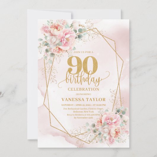 Invitation Fleurs d'or rose pastel classique 90e anniversaire (Devant)