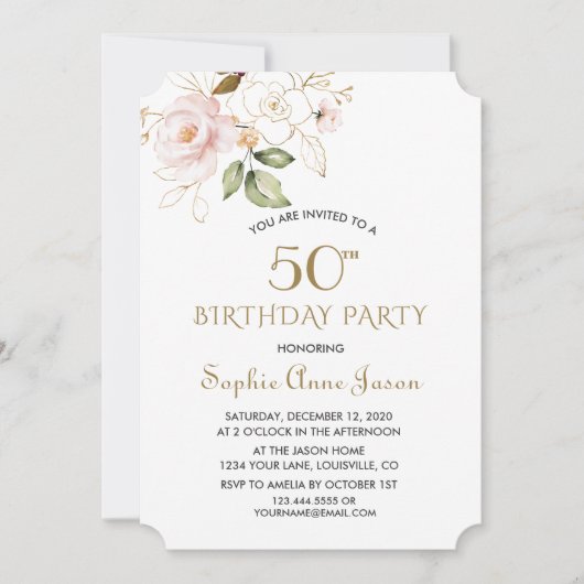Invitation Fleurs d'or rose rose unique 50e anniversaire (Devant)