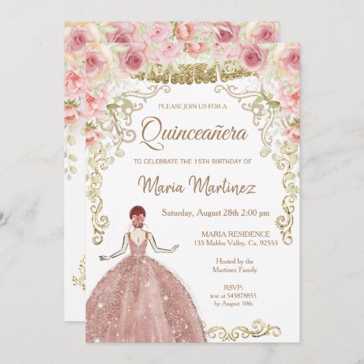 Invitation Fleurs d'or roses et Parties scintillant d'or Quin (Devant / Derrière)