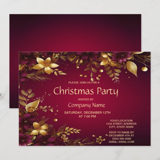 Invitation Fleurs d'or rouge Bourgogne Noël (Devant / Derrière)