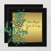 Invitation Fleurs d'or turquoise Bat mitzvah d'or noir (Devant / Derrière)
