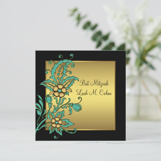 Invitation Fleurs d'or turquoise Bat mitzvah d'or noir (Debout devant)