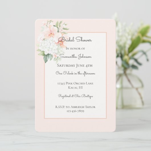 Invitation Fleurs d'Orchidée Rose Pêche Mariage (Debout devant)