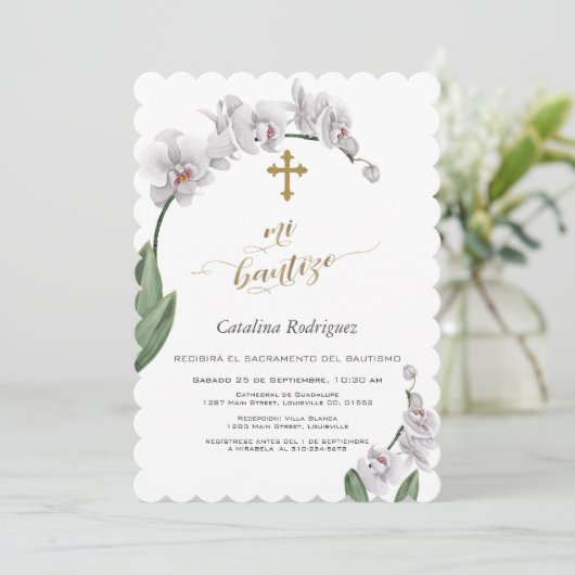 Invitation Fleurs d'orchidées blanches délicates Croix Mi Bau (Debout devant)