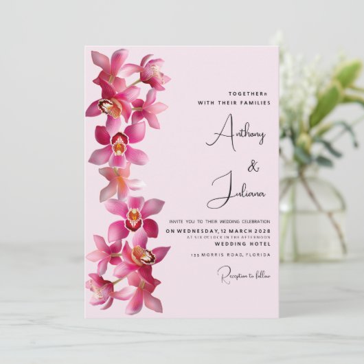 Invitation Fleurs d'orchidées roses bordeaux Mariage Botaniqu (Debout devant)