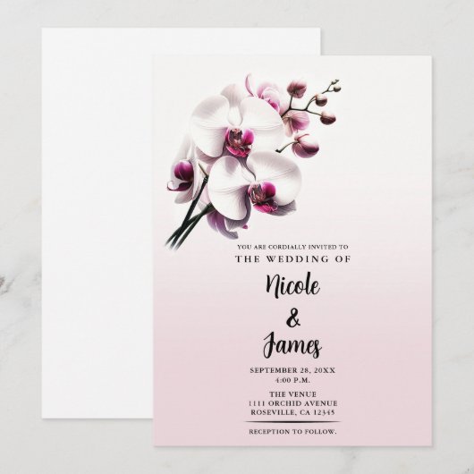 Invitation Fleurs d'orchidées roses et blanches pour mariage (Devant / Derrière)