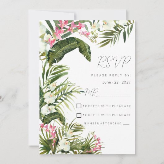 Invitation Fleurs d'orchidées tropicales blanches roses RSVP (Devant)