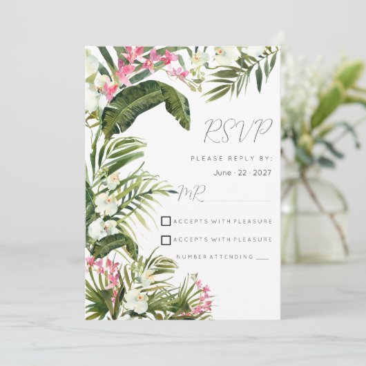 Invitation Fleurs d'orchidées tropicales blanches roses RSVP (Debout devant)