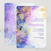 Invitation Fleurs Dorées Aquarelle Bleu (Devant / Derrière)