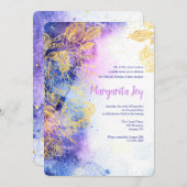 Invitation Fleurs Dorées Aquarelle Bleue (Devant / Derrière)