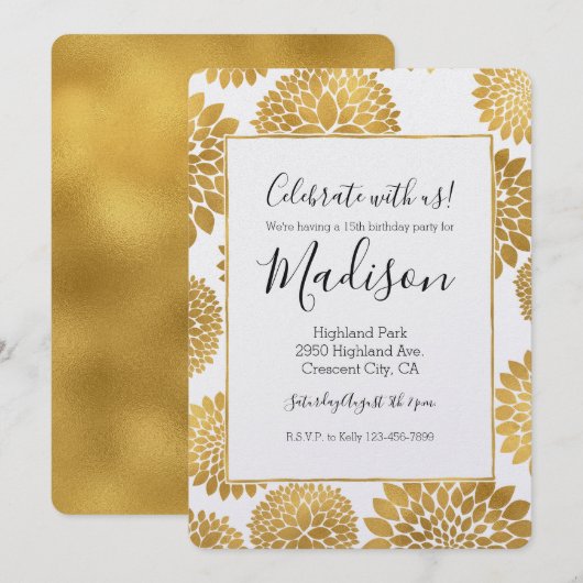 Invitation Fleurs dorées chic Anniversaire (Devant / Derrière)