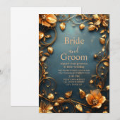 Invitation Fleurs dorées de luxe sur fond sarcelle élégant (Devant / Derrière)