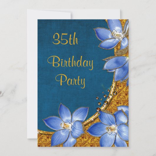 Invitation Fleurs dorées et bleues 35e anniversaire (Devant)