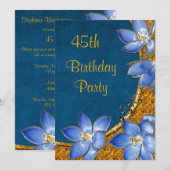 Invitation Fleurs dorées et bleues 45e anniversaire (Devant / Derrière)
