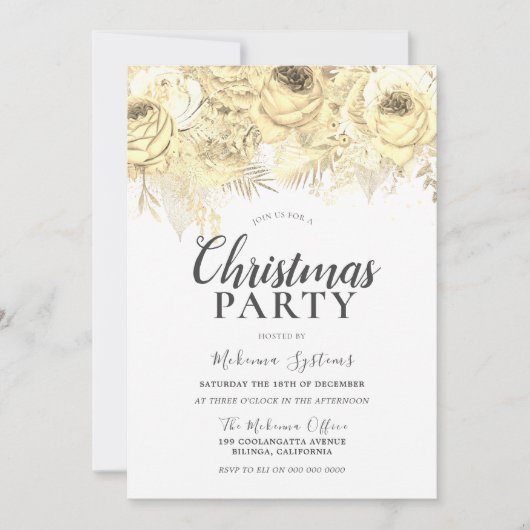 Invitation Fleurs dorées Fête de Noël d'entreprise (Devant)