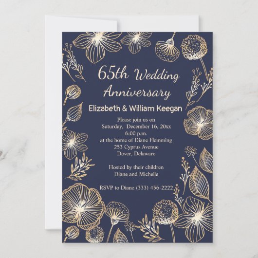 Invitation Fleurs dorées pour 65e anniversaire de mariage ble (Devant)