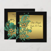 Invitation Fleurs dorées sarcelle Bar Mitzvah noir or (Devant / Derrière)