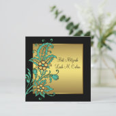 Invitation Fleurs dorées sarcelle Bat Mitzvah noir or (Debout devant)