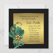 Invitation Fleurs dorées sarcelle Bat Mitzvah noir or (Dos)