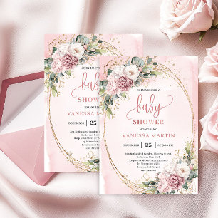 Invitation Fleurs Douces et Poussiéreuses Roses Eucalyptus Ba