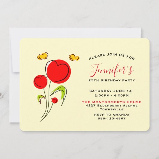 Invitation Fleurs du Coeur Rouge mignonnes Anniversaire (Devant)