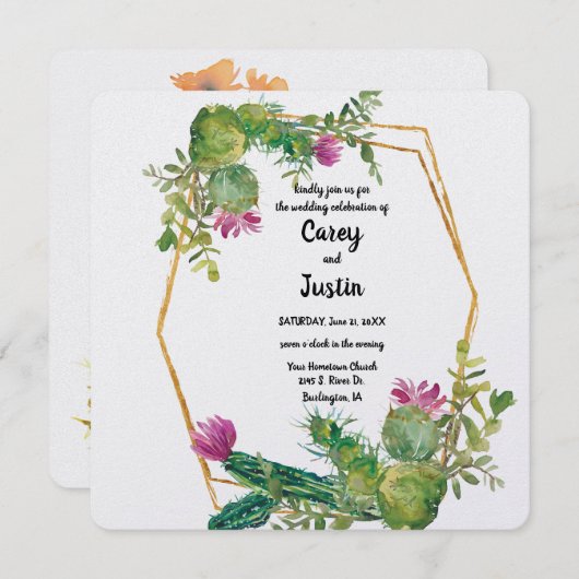 Invitation Fleurs du désert et Mariage d'aquarelle de Cactus (Devant / Derrière)