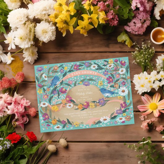 Invitation Fleurs du jardin de printemps Baby shower bleu Cas
