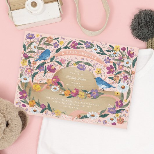 Invitation Fleurs du jardin printanier Baby shower rose Casqu