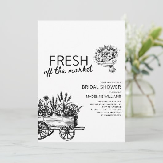 Invitation Fleurs du marché fermier noir et blanc (Debout devant)