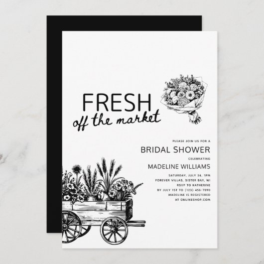 Invitation Fleurs du marché fermier noir et blanc (Devant / Derrière)