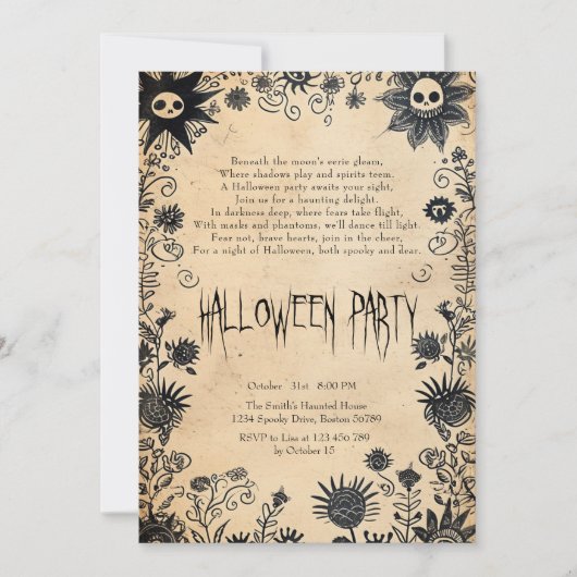 Invitation Fleurs éffrayantes Et Poème Halloween Party (Devant)