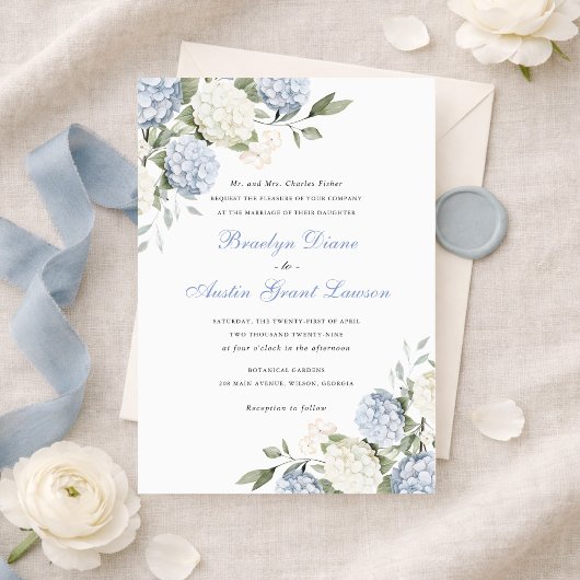 Invitation Fleurs Élégant Mariage Hydrangea Bleu Verdure 