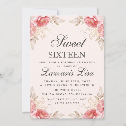Invitation Fleurs élégantes Anniversaire Gold Sweet 16 (Devant)