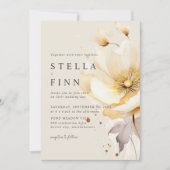 Invitation Fleurs élégantes Blanc Jaune Or QR Code Mariage (Devant)
