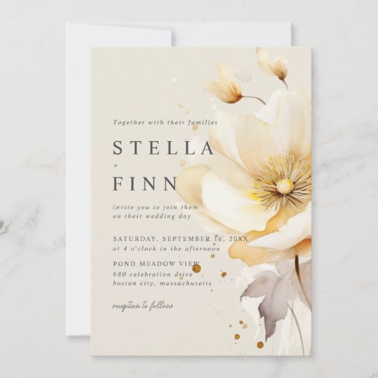 Invitation Fleurs élégantes Blanc Jaune Or QR Code Mariage (Devant)