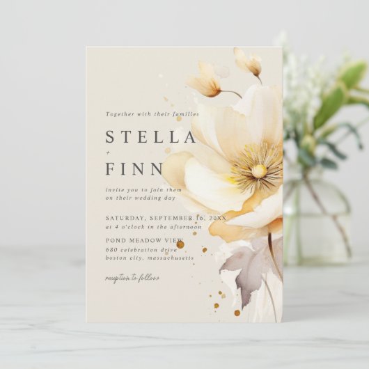 Invitation Fleurs élégantes Blanc Jaune Or QR Code Mariage (Debout devant)