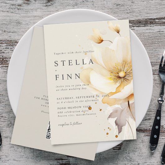 Invitation Fleurs élégantes Blanc Jaune Or QR Code Mariage