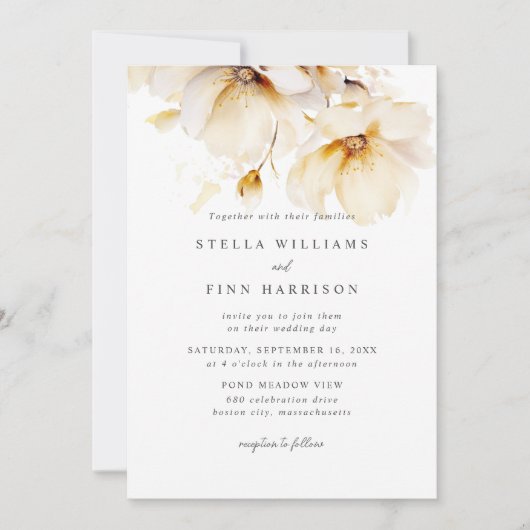 Invitation Fleurs élégantes Blanc Jaune Or QR Code Mariage (Devant)