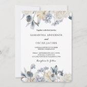 Invitation Fleurs élégantes bleues et blanches d'hiver (Devant)