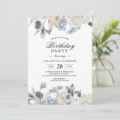 Invitation Fleurs élégantes bleues et blanches d'hiver (Debout devant)