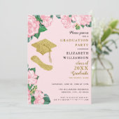 Invitation Fleurs élégantes Blush Pink et Gold Graduation (Debout devant)