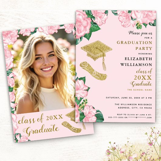 Invitation Fleurs élégantes Blush Pink et Gold Graduation