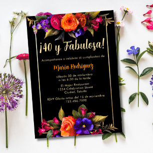 Invitation Fleurs Élégantes Brillantes Espagnoles 40e Anniver